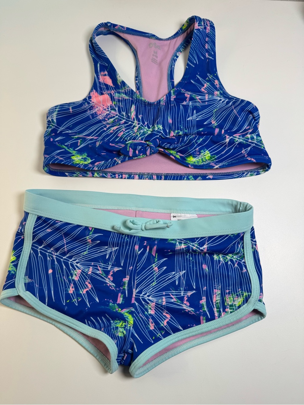 DSG Girls Size Medium Blue Floral Racerback Swim Top and Shorts
